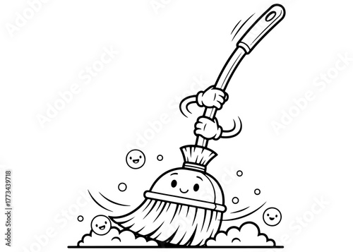 A happy kawaii broom mascot character sweeping the floor. Black and white vector line art for a cleaning service logo or coloring book.
