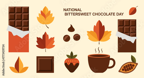 An illustration celebrating National Bittersweet Chocolate Day with chocolate bars, autumn leaves, hot cocoa, and cocoa beans.
