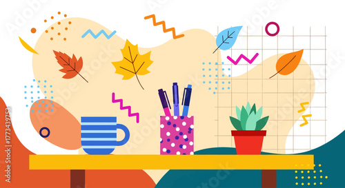 Colorful flat design illustration of an autumn desk scene with a mug, pens, a plant, and falling leaves against an abstract background.