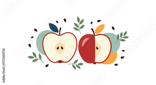 Decorative illustration of two apples, one sliced open and one half-sliced, surrounded by leaves and seeds in an autumnal style.