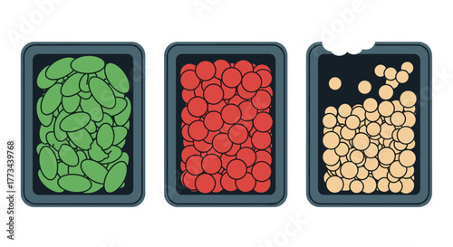 Three rectangular food trays with green beans, red berries, and partially eaten chickpeas, representing different ingredients or snack choices.