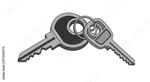 A grayscale illustration of two different-sized keys attached to a metal keyring on a white background.