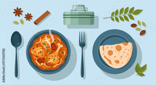 Top-down view of a traditional Indian meal with chicken curry, flatbread, and aromatic spices.