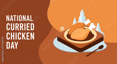 Promotional banner for National Curried Chicken Day featuring a stylized illustration of a chicken curry dish on a plate.