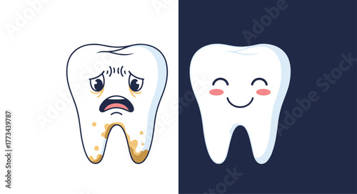 A cartoon illustration depicting the contrast between a sad, discolored tooth and a happy, bright white tooth, symbolizing dental health.