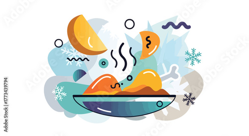A modern, abstract illustration of a steaming hot bowl of food, perfect for a cold winter day with snowflakes.