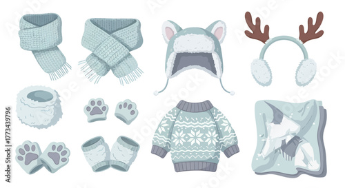 A cute collection of cozy winter clothes and accessories, including a sweater, scarf, hat, and mittens.