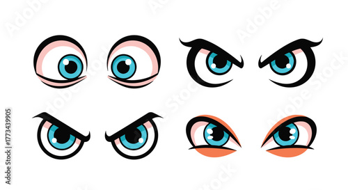 Cartoon eyes expressing various emotions, from wide-eyed surprise to intense anger and mischievous glares.