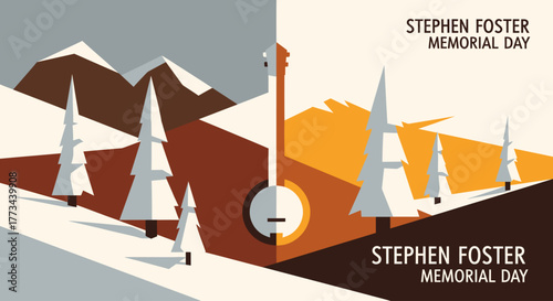 Graphic illustration for Stephen Foster Memorial Day with a banjo dividing a winter mountain scene from a warm-toned landscape.