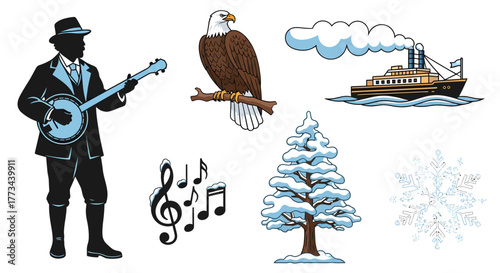 A collection of illustrations featuring a banjo player, eagle, steamboat, music notes, snowy tree, and snowflake.