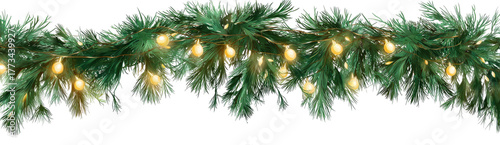 A festive garland of green evergreen branches with warm yellow lights