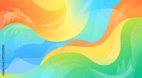 Abstract background with colorful flowing waves and subtle dragon silhouettes.