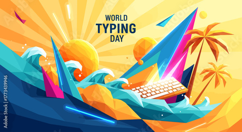 Vibrant illustration for World Typing Day with a laptop keyboard amidst abstract ocean waves and a setting sun.