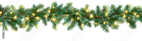 Green pine garland with warm yellow fairy lights