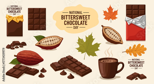 A collection of illustrations for National Bittersweet Chocolate Day, featuring chocolate bars, cocoa pods, hot chocolate, and autumn leaves.