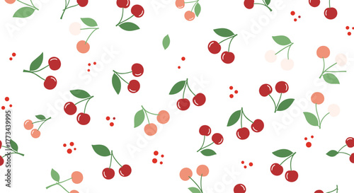 A vibrant seamless pattern of hand-drawn style red and pink cherries with green leaves, scattered tiny red dots, all on a fresh white background.