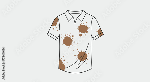 A white polo shirt is heavily stained with numerous brown mud splatters and dirt, depicting a need for laundry or cleaning.