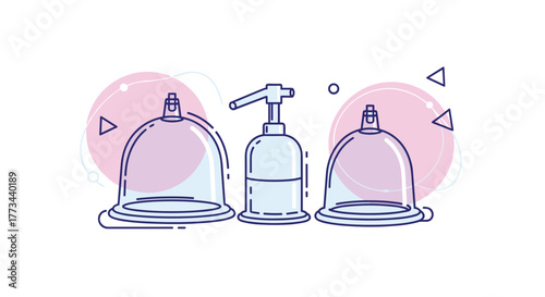 Illustration of a modern cupping therapy set featuring two transparent cups and a vacuum pump, used in traditional healing practices.