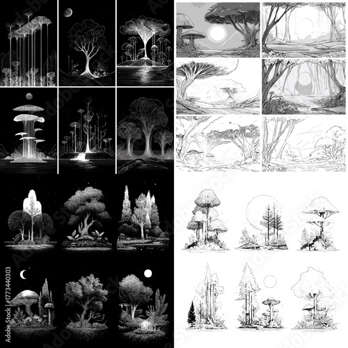 Monochrome fantasy forest landscape sketches showing surreal trees and mystical worlds. Ideal for concept art, game design, environment design, or fantasy illustration projects.