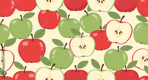A delightful seamless pattern featuring a vibrant mix of fresh red and green apples, some whole and some halved, set against a light background.