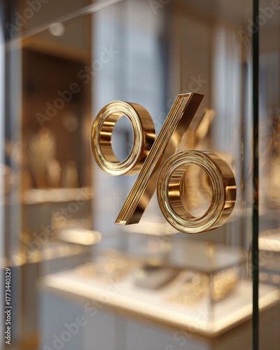 Concept of finance and sales, transparent crystal percent sign on display in jewelry boutique