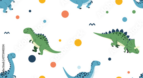 Cheerful dinosaur seamless pattern featuring various green and blue cartoon dinosaurs with colorful dots and wavy accents on a white background.