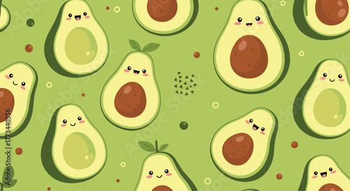 Seamless pattern featuring cute, smiling cartoon avocado halves on a vibrant green background, adorned with small decorative elements for a playful design.