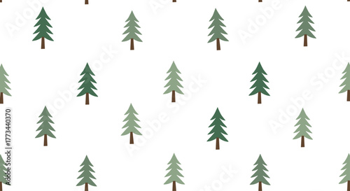 Charming seamless pattern featuring a minimalist design of various green pine trees and festive Christmas trees against a bright white background.