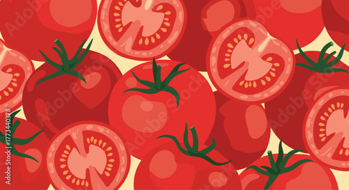 A vibrant, seamless pattern featuring whole and halved ripe red tomatoes with green stems, ideal for fresh produce designs and culinary backgrounds.