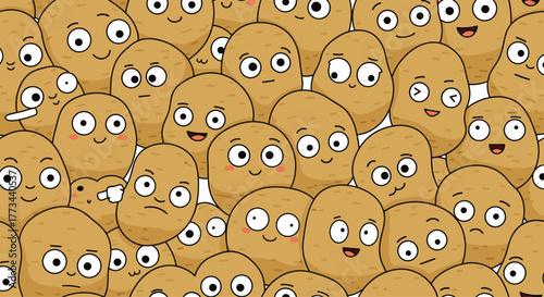 A large group of cute, animated potatoes displaying a variety of funny and expressive emotions, forming a seamless pattern.