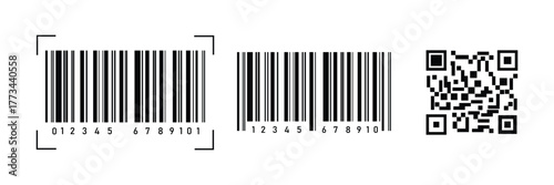 Black and white barcode, qr code icon on white background	