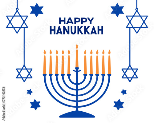 Festive Happy Hanukkah Illustration with Menorah Candles and Stars of David Decoration on White Background