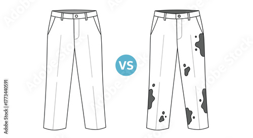 Clean white pants contrasted with dirty, stained white pants, symbolizing the need for laundry or effective stain removal.