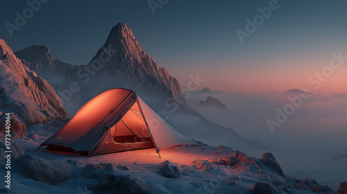 Tent on mountains dark sunset natural camping concept ai generated background