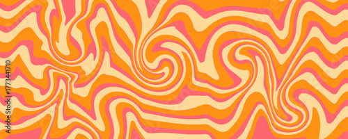 1970 Wavy Swirl Seamless Pattern in Orange and Pink Colors. Hand-Drawn Vector Illustration. Seventies Style, Groovy Background, Wallpaper, Print. Flat Design, Hippie Aesthetic.