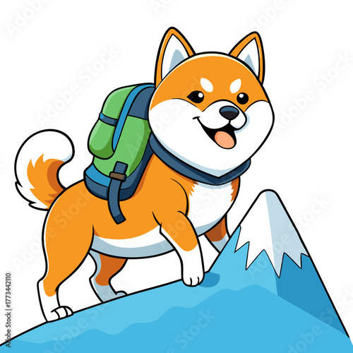 Happy shiba inu dog climbing a snowy mountain with a backpack