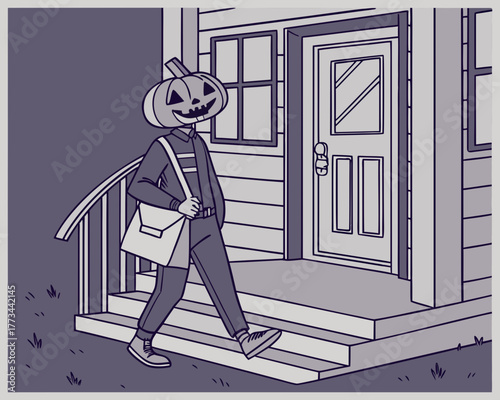 Person with pumpkin head descends porch steps with messenger bag