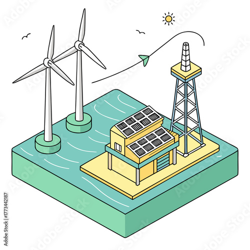 Offshore renewable energy station with wind turbines and solar panels