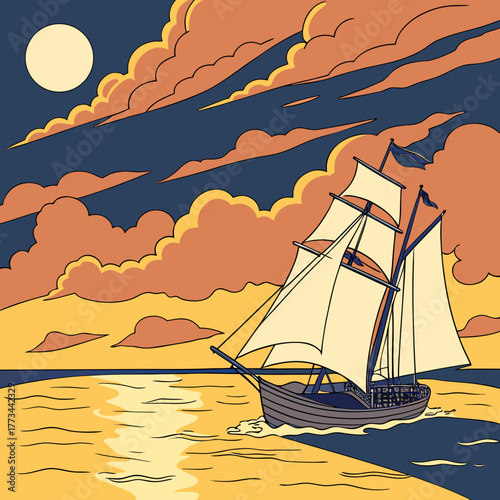 Sailboat on the ocean under a moonlit sky with dramatic clouds