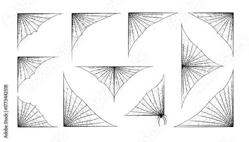 Spooky halloween old spider web with various sizes and shapes. Old cobweb set vector illustration for dark gothic decoration for holidays. Corner spider net insect thread cobweb scary frames