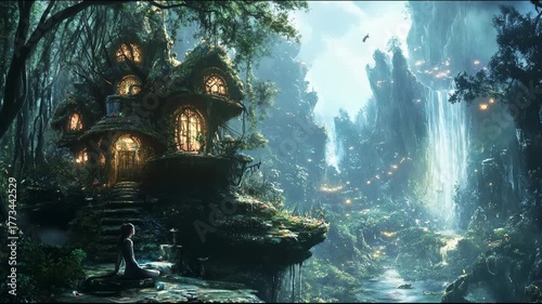 Surreal digital art featuring a woman practicing yoga beside a glowing fantasy house on a cliff, overlooking an enchanted forest with a waterfall and magical lights