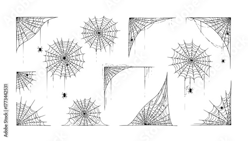 Spooky halloween old spider web with various sizes and shapes. Old cobweb set vector illustration for dark gothic decoration for holidays. Corner spider net insect thread cobweb scary frames