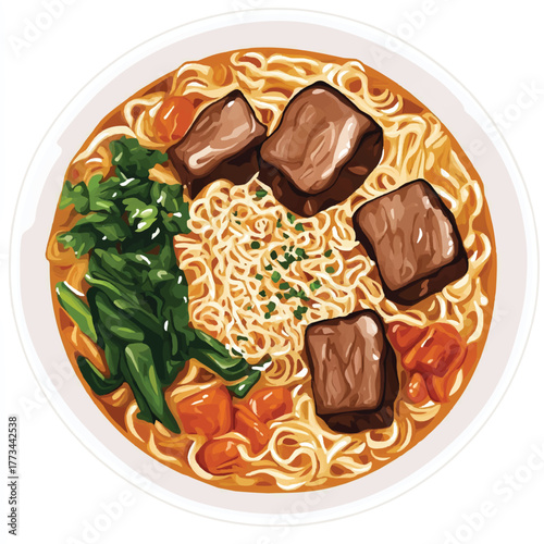 Delicious Bowl of Asian Noodles with Meat and Greens.