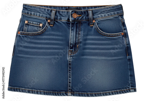 Blue denim mini skirt with pockets isolated on transparent background