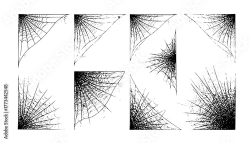 Spooky halloween old spider web with various sizes and shapes. Old cobweb set vector illustration for dark gothic decoration for holidays. Corner spider net insect thread cobweb scary frames