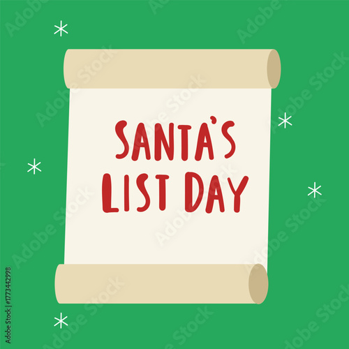 Santa's List Day. Simple vector illustration for holidays with checklist. Minimal design on green background.