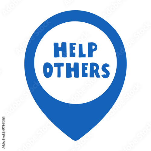Flat vector illustration of a simple map marker with text - Help Others. Minimal design for community service and localization aid.
