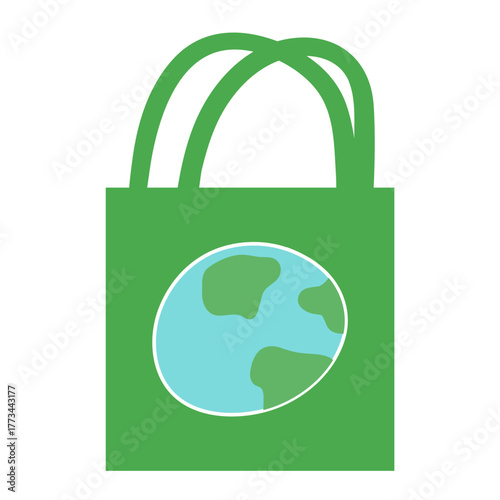 Eco Shopping Bag. Flat vector illustration of a simple green tote bag with planet Earth symbol. Minimal design for sustainable shopping and Green Monday.