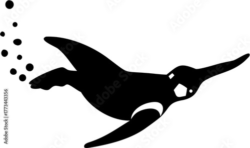 Whimsical penguin swimming underwater with bubbles, a simple yet elegant monochrome design perfect for branding, logos, or children's illustrations