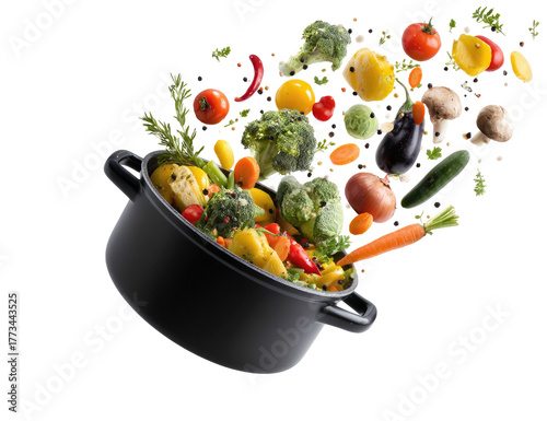 Fresh vegetables exploding from a black cooking pot